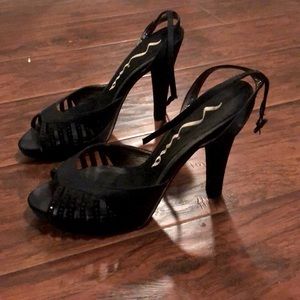Nina Ankle Strap Black Stud Peep Toe Pumps 7.5